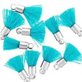 10mm Turquoise Fabric Tassel with Silver Cap (10 Pieces)