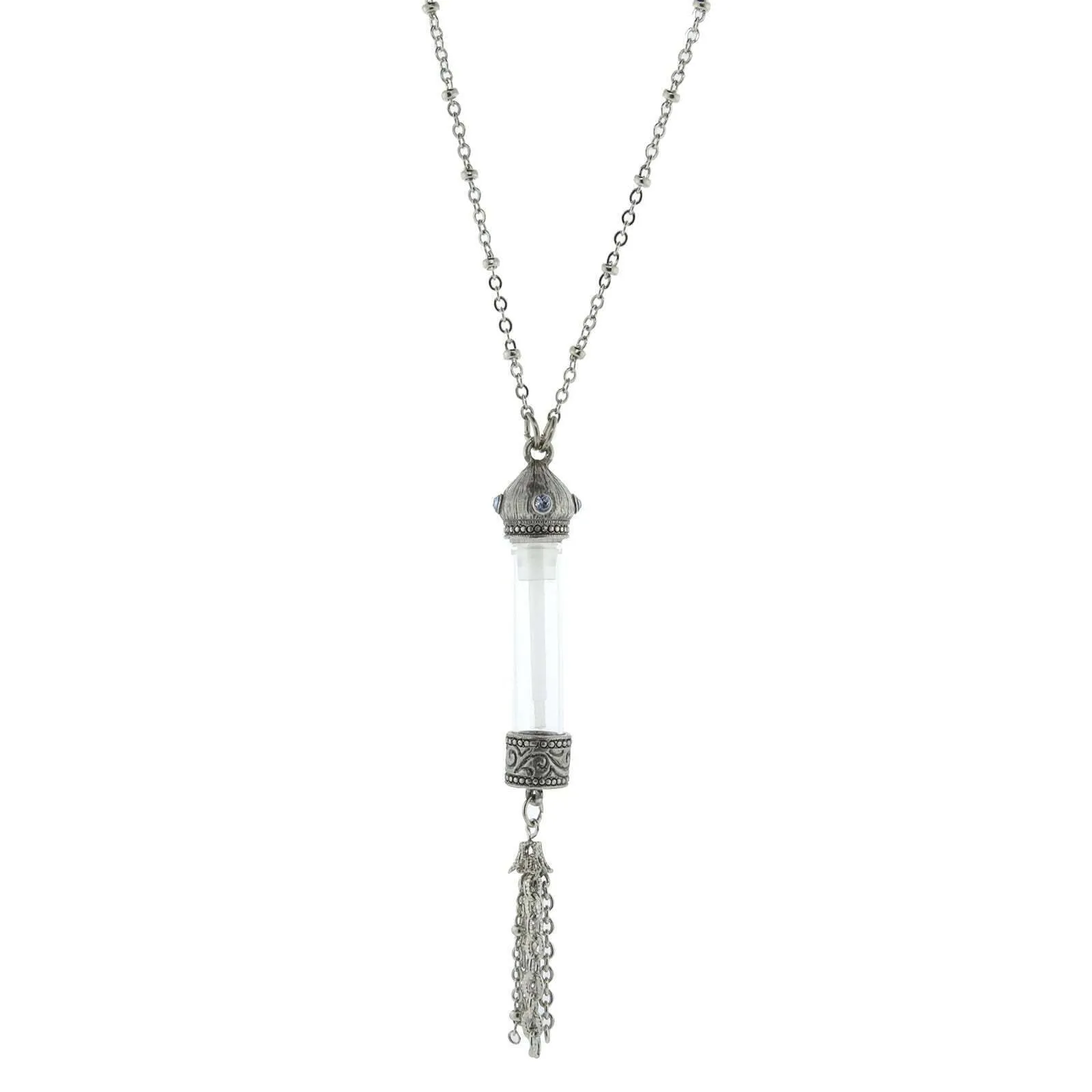 1928 Jewelry Antiqued Blue Crystal Stone Glass Vial Tassel Necklace 30"