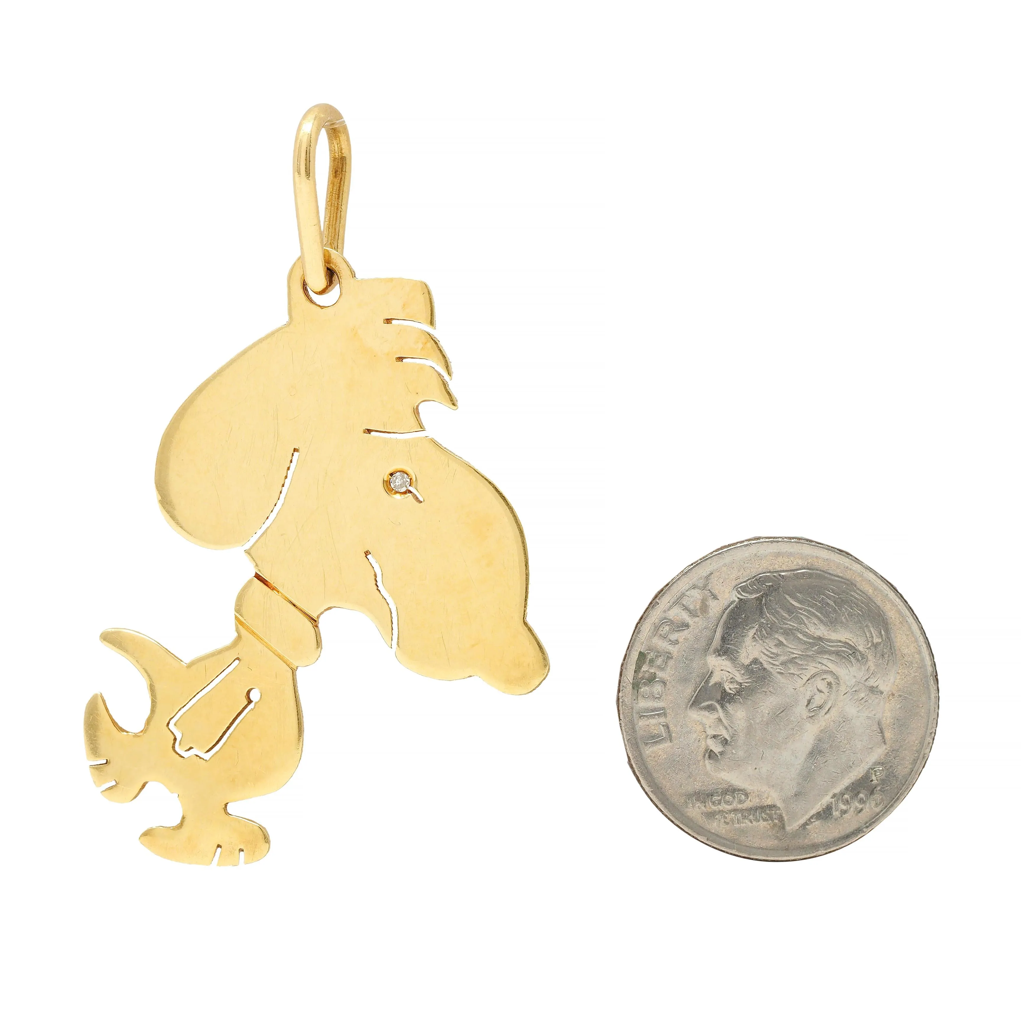 1950's Diamond 18 Karat Yellow Gold Cartoon Snoopy Vintage Pendant