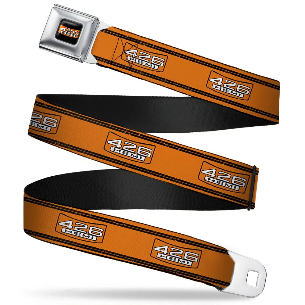 426 HEMI Badge Full Color Black White Orange Seatbelt Belt - 426 HEMI Badge/Stripes Weathered Orange/Black/White Webbing