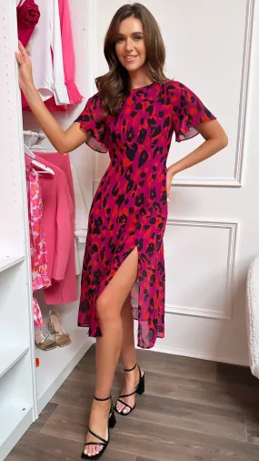 Alorie Purple Animal Print Angel Sleeve Midi Dress