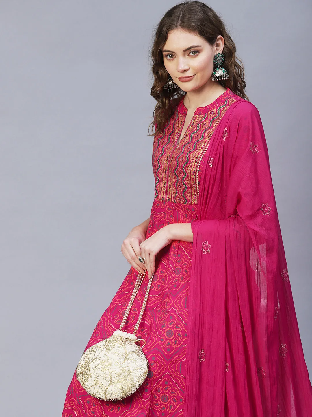 Bandhani Printed & Embroidered Anarkali Maxi Dress with Dupatta - Rani Pink