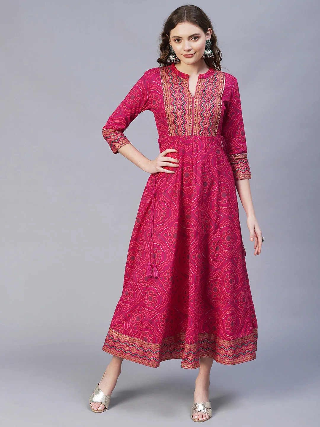 Bandhani Printed & Embroidered Anarkali Maxi Dress with Dupatta - Rani Pink