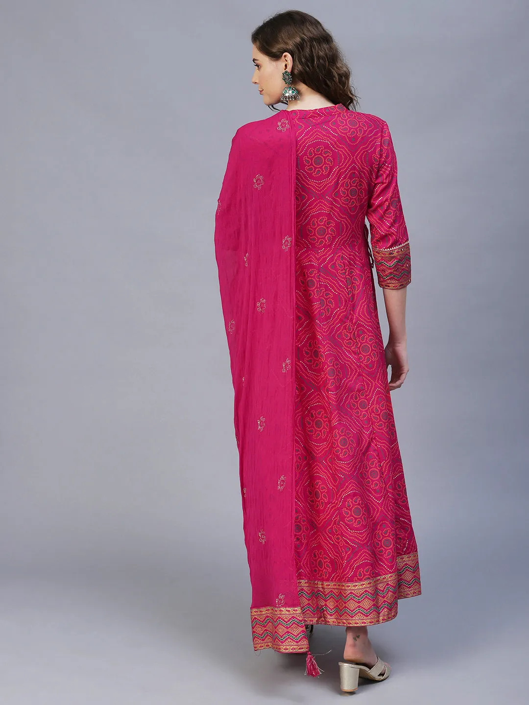 Bandhani Printed & Embroidered Anarkali Maxi Dress with Dupatta - Rani Pink