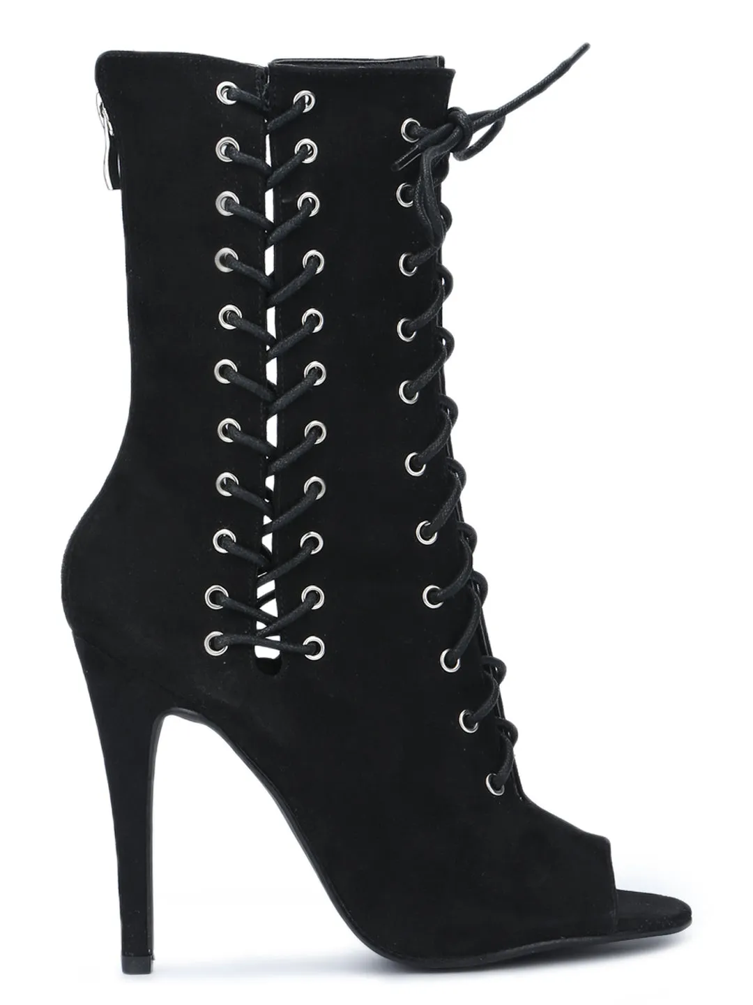 Black Micro Lace-Up Open Toe Stilettos