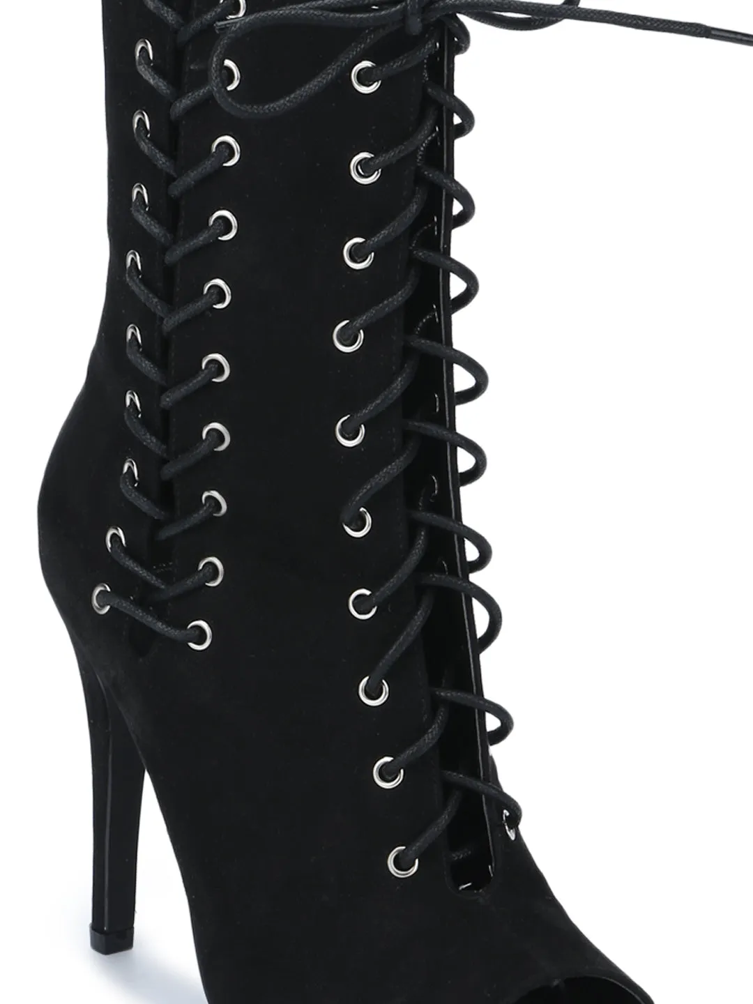 Black Micro Lace-Up Open Toe Stilettos