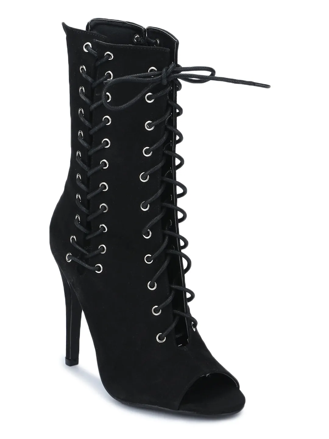 Black Micro Lace-Up Open Toe Stilettos