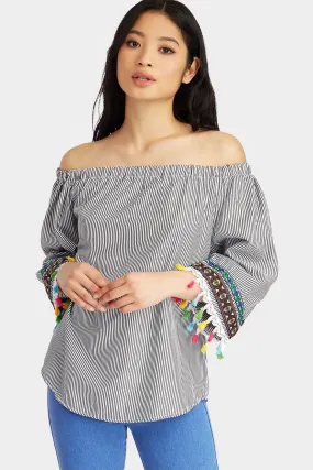 Black Tassel Sleeve Detail Woven Top