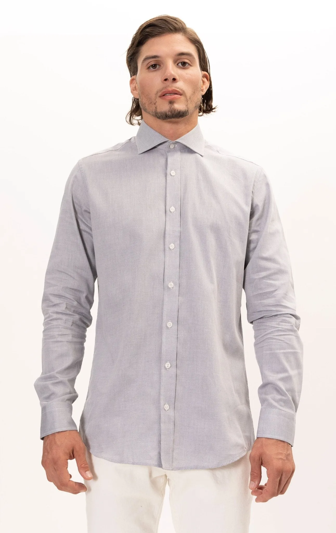 Convertible Cuff Oxford Cotton Spread Collar Dress Shirt - Grey