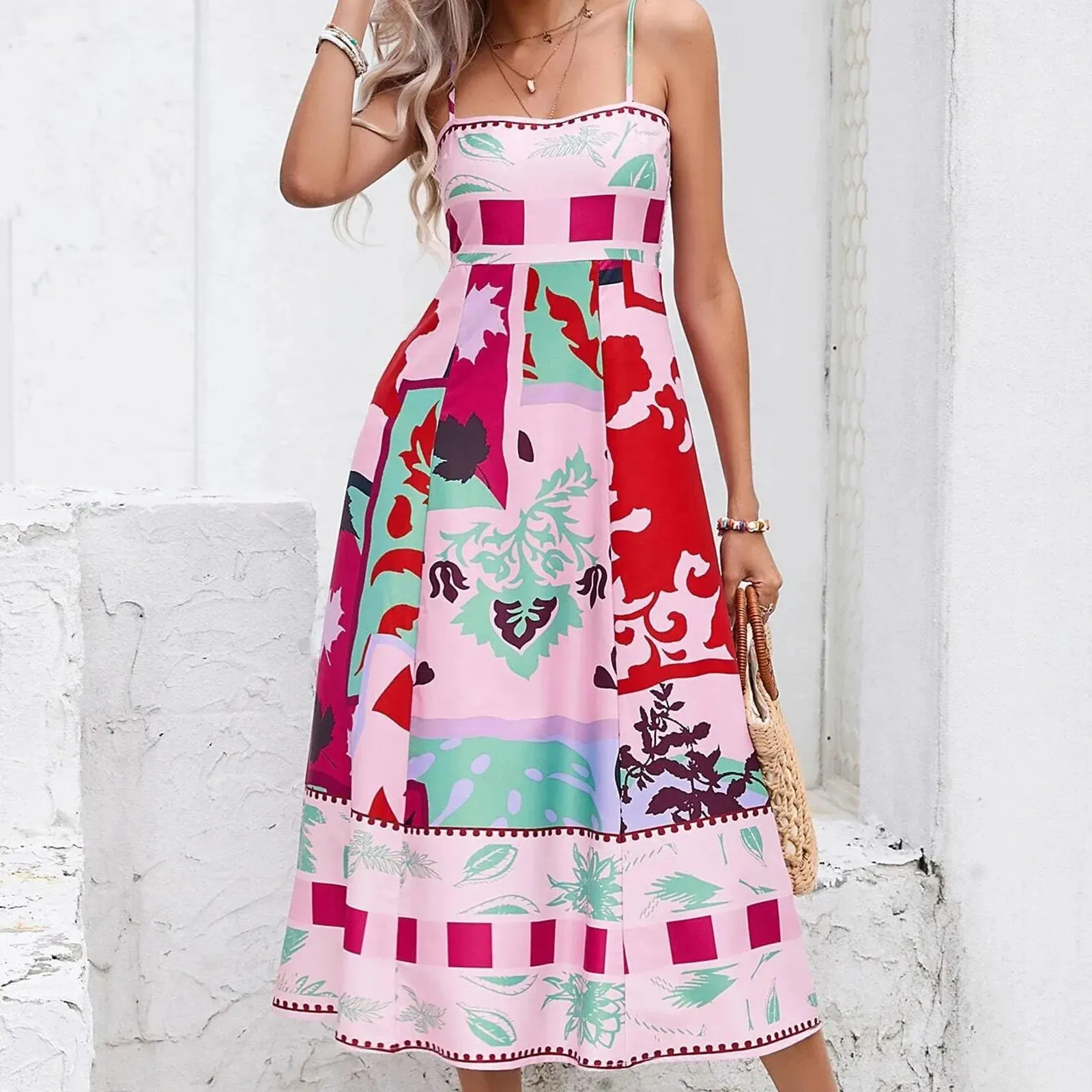 DressBetty - 2024 Sexy Boho Floral Printed High Waist A-Line Swing Midi Dress