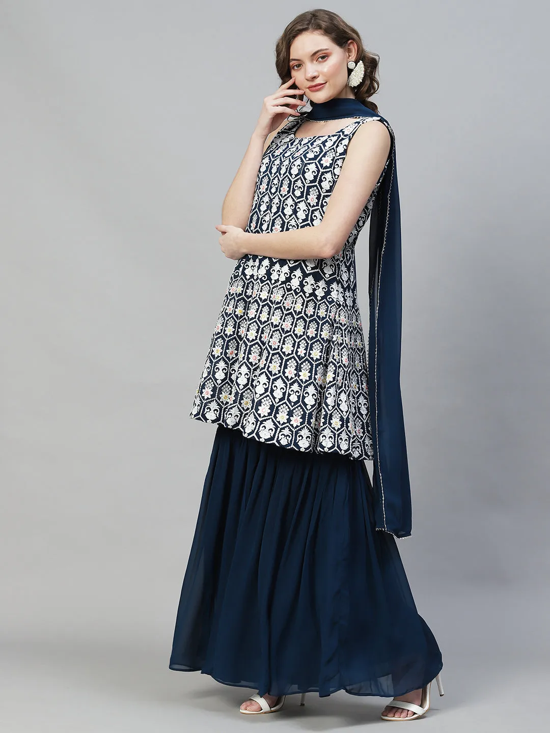 Ethnic Embroidered Anarkali Kurta with Sharara & Dupatta - Teal Blue