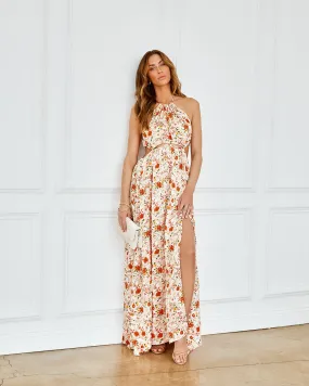 Salome Floral Satin Cutout Halter Maxi Dress